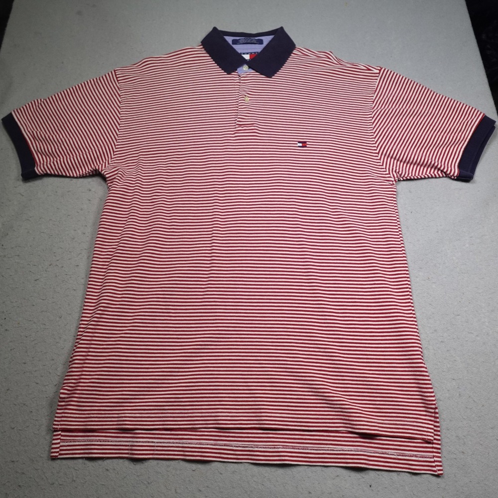 Tommy Hilfiger Polo Shirt Mens Large Red White Striped Navy Collar Logo